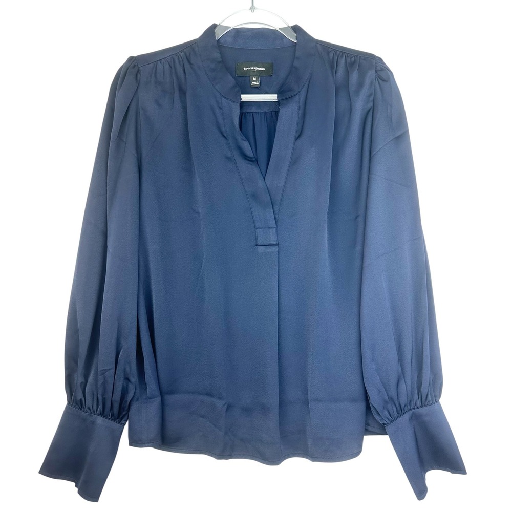 Banana Republic Satin Blouse Pleated Bishop Sleeve Navy Blue Women Size M